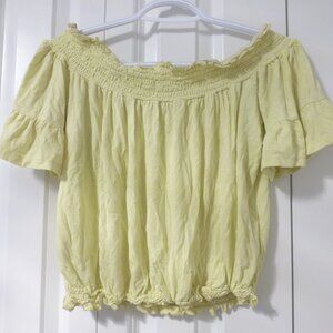 FOREVER 21 yellow cropped ruffle sleeve crop top with cinched neckline and hem